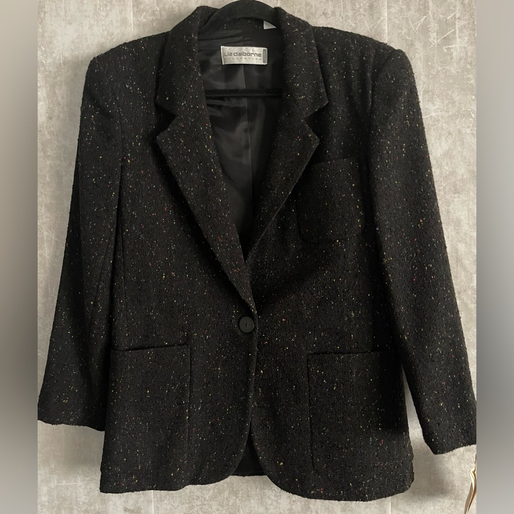 Vintage Liz Claiborne Black Speckled Pocketed Wool Tweed Blazer Petite Size 2